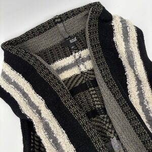 ANA Black Green Striped Crochet Waterfall Vest Cardigan Women LG Wool Blend Boho